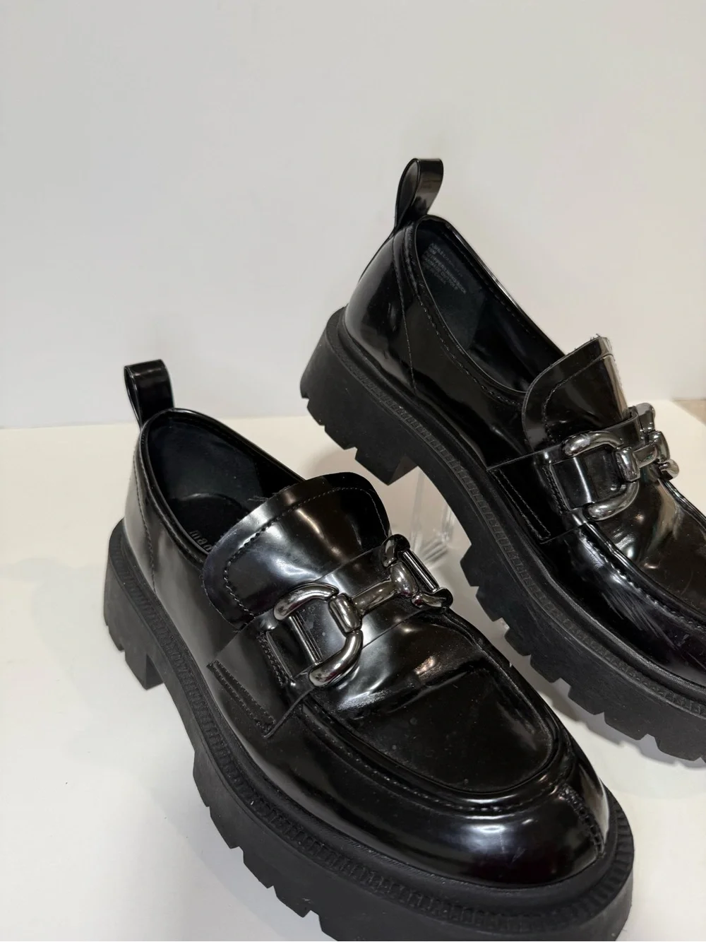 Madden Girl Black Patent Lug Sole Loafers with Metal Bit - Picture 1 of 9